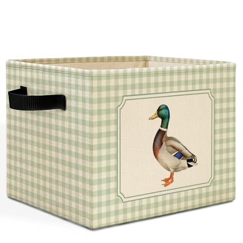 Mallard Duck Sage Green Checkered Storage Bins Box with Handles, Cottagecore Mallard Duck Plaid Laundry Basket Hamper Collapsible Clothes Toys Organizer for Boys Nursery Toddler Room