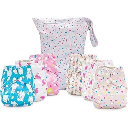 Simple Being Reusable Cloth Diapers, Double Gusset, One Size Adjustable, Washable Soft Absorbent, Waterproof Cover, Unisex Baby Girl Boy, Six Microfiber Inserts (Sweet)