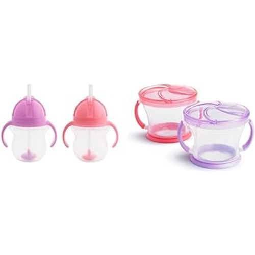 Munchkin Happy Snacker Toddler Cups and Snack Containers - 7oz Any Angle Weighted Straw Trainer Cup and 9oz Snack Catchers, Pink/Purple