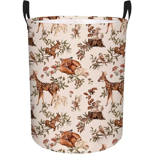 Baby Hamper – Large 19.7" x 15.7" Laundry Basket for Nursery, Linen Cotton Fabric with Leather Handle, Perfect for Baby Clothes Storage and Room Decor (Retro Deer Fox)