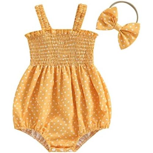 Infant Baby Girl Summer Outfit Clothes Sleeveless Smocked Cotton Linen Romper with Headband