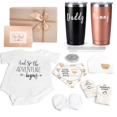 New Mom Gifts for Women, 9 Pcs Best Pregnancy Gifts Basket for New Parents, Gender Reveal Ideas Gift Set for First Time Mom Dad Expecting Parents to Be Gender Reveal Baby Shower Newborn
