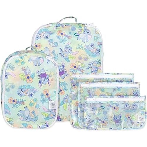 Bumkins Packing Cubes and TSA Approved Pouches for Travel Bag, Organize Luggage with Compression Bags, Essential Traveling Accessories to Pack Clothes, Toiletries, Carryon Suitcase, 5-pc Disney Stitch