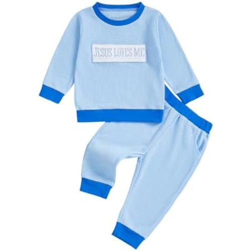 KMBANGI Toddler Baby Boy Waffle Outfits Long Sleeve Jesus Loves Me Sweatshirt Casual Pants 2Pcs Fall Winter Clothes