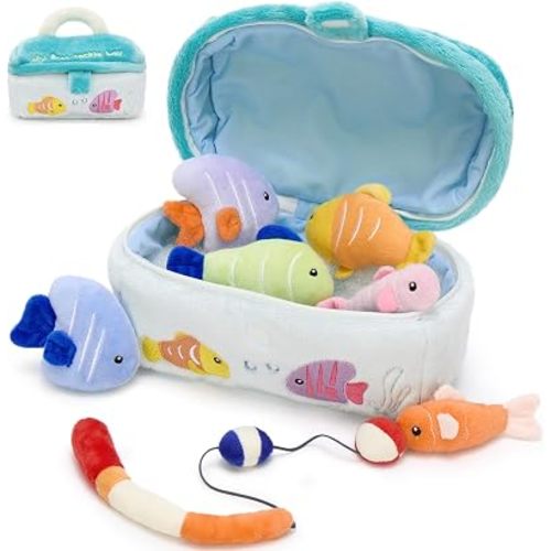 8pcs Magnetic Plush Fishing Toys for Toddlers Kids - Fishing Game Pretend Play Toys, My First Tackle Box Plush, Fish Stuffed Animals with Tackle Bag & Fishing Rod, Gift for Boys Girls Children
