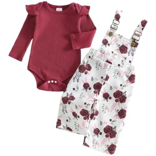 Newborn Baby Girl Fall Outfits Ribbed Long Sleeve Rompers Suspender Overalls Pants Sets Infant 2Pcs Clothes