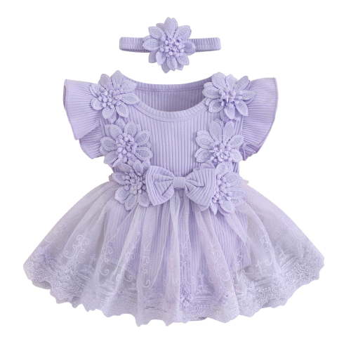 Baby Girls 2 Piece Outfits, Infant Toddler Mesh Lace Ruffle Pincess Romper Dress and Headband Summer Floral Jumpsuit
