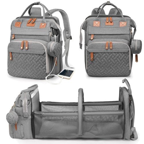 Baby Diaper Bag with Changing Station, Waterproof Diaper Bag Backpack for Moms Dads with USB Charging Port, Baby Shower Gifts, Baby essentials,Grey