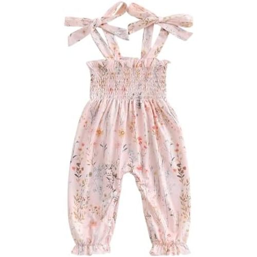 Emmababy Baby Girl Summer Clothes Ruffled Sleeveless Jumpsuit Tank Smocked Bubble Romper Floral Print Tie-Up Straps Jumpsuit