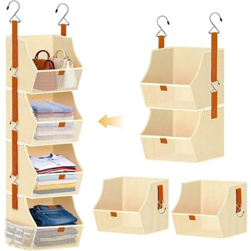 Fabric Hanging Closet Clothes Organizers and Storage Detachable 4 Tier