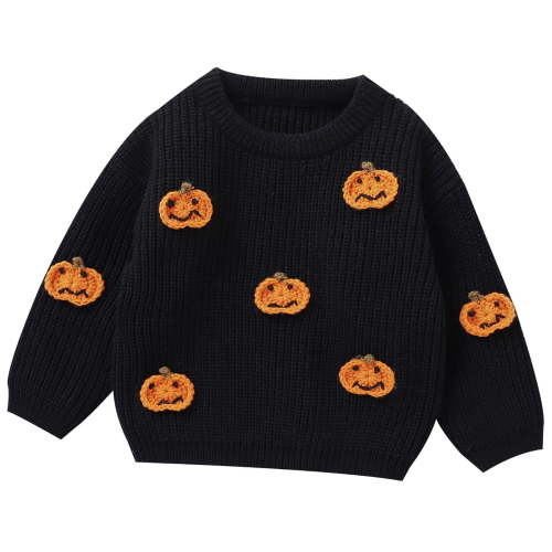Odeerbi Infant Boys Girls Pullover Sweater Halloween Pumpkin Knit Jumper Tops Infant Winter Warm Halloween Pumpkin Pattern Knitted Sweaters Tops Black