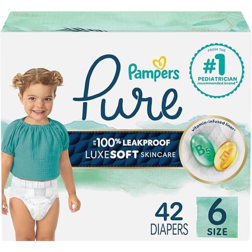 Pampers Pure Baby Diapers, Size 6, 42 Count, Up to 100% Leakproof, Premium Hypoallergenic Soft Diapers