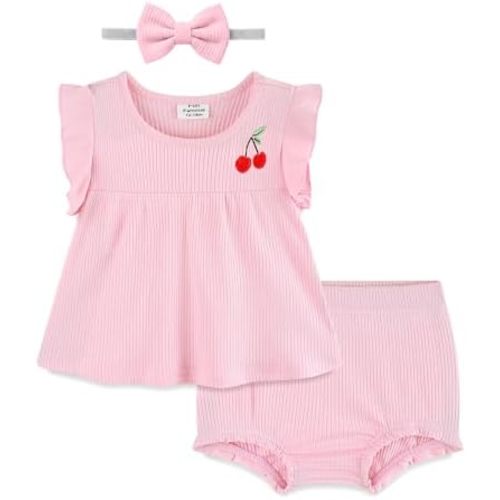 Fullfamous Baby Girl Summer Clothes 3 Piece Cotton Rib Ruffle Sleeve Babydoll Top and Bloomer Shorts Clothing NB-24Months
