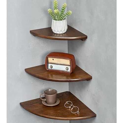 Corner Shelves, Floating Corner Shelf, Set of 3 Solid Oak Wood Corner Wall Shelves, Round End with Wire Hole Shelving for Small Plant for Bedroom Kitchen, Living Room (Size 9/10/12in)