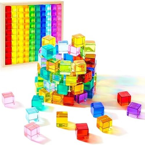 Meooeck 60 Pcs Colored Acrylic Gem Cube Blocks, Translucent Rainbow Building Stacking Cube Educational Sensory Train Toy with Wooden Storage Box for Toddler Kid Montessori School Classroom Supplies