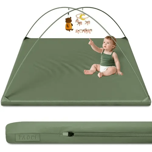 Padded Baby Play Mat Soft Vegan Leather with Thicken Foam Mat Easy Wipe-Clean Cushioned & 2 Sides Waterproof Baby Tummy Time Playmat Fits 50" x50" Playpens,2 Support Toybar Poles Included