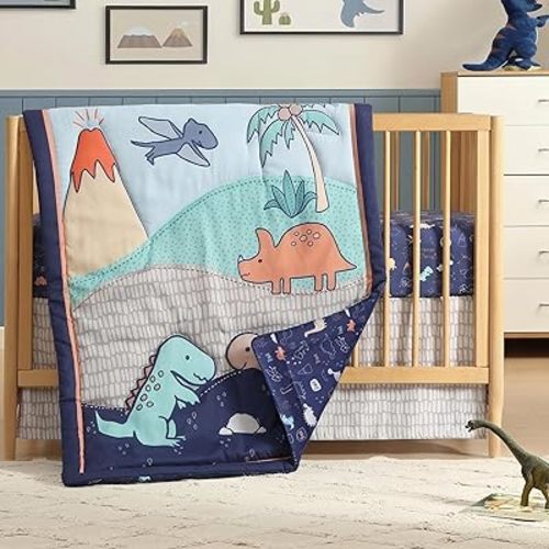 The Hōmistry 3-Piece Crib Bedding Set for Boys - Reversible Quilt, Fitted Sheet, Crib Skirt - Soft, Breathable & Durable Microfiber Baby Crib Bedding Set - Dino Theme