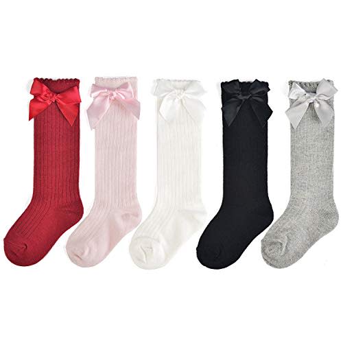 EPEIUS Baby Girls Knee High Socks Cotton Uniform Socks Tube Ruffled Stockings Newborn Infant Toddler (Pack of 3/5)