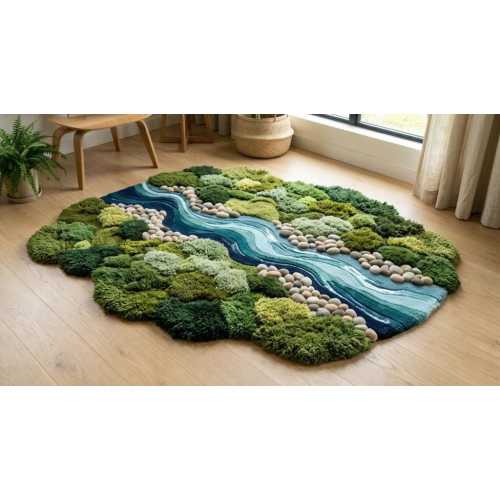 Moss River Rug, Tufted Organic Shape Rug, Green Abstract Biophilic Decor