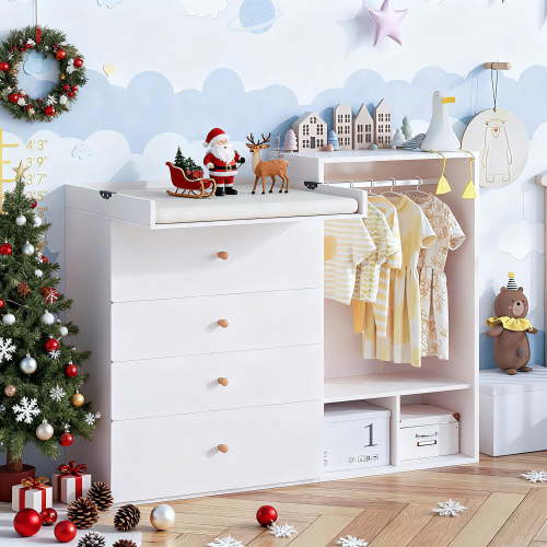 Wanan Large Baby Changing Table Dresser with Wide Changing Table Top and 4 Drawers, 59.1" Nursery Dresser with Clothes Rack and Mirror, Modern Diaper Changing Station, Children's Room