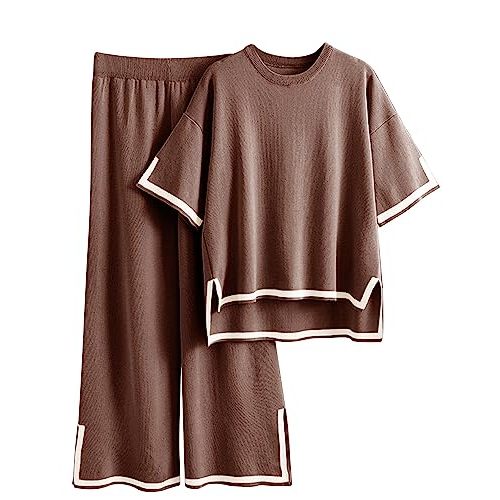Tanming Sweater Sets Women 2 Piece Lounge Sets Short Sleeve Knit Pullover Tops Wide Leg Pants