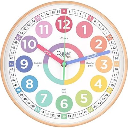 Pastel Learning Clock for Kids – 10" Silent Cute Wall Clock for Classroom & Children’s Bedroom – Non-Ticking Analog Teaching Clocks – Includes E-Book Guide to Help Kids Learn to Tell Time Easily