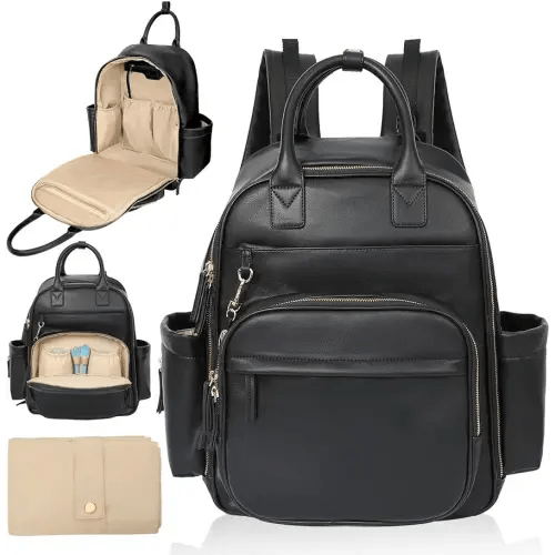 Diaper Bag Backpack,Leather Baby Bag with 16 Pockets,Large Travel Diaper Backpack,Baby Essential Organizer,4 Insulated Pockets,Changing Pad,Black