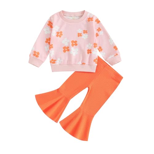 PUHHAPIEY Baby Girl Fall Winter Clothes Floral Knit Crewneck Sweatshirts Flare Pants Set Toddler Bell-Bottoms Outfits