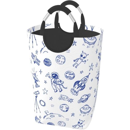 LIBIFALL Blue Space Astronaut Large Laundry Basket Galaxy Planet Laundry Hamper Bag Collapsible Laundry Baskets Clothes Hamper with Handle Cartoon Rocket Storage Baskets For Dorm, Family, 50L