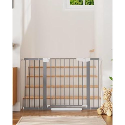 Cumbor 29.7-48 in Baby Gate for Stairs, Auto Close Dog Gate Indoor, Gray | Mom's Choice Awards Winner, Double Lock Child Gate for Toddlers & Pets, One-Hand Open with 2-Way Swing, Pressure Mounted