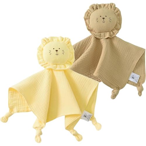 Lion -- MUSLIN Organic Cotton Baby Lovey Security Blanket, 2-Pack Lion