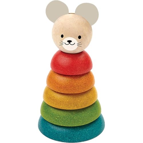 PlanToys® Mouse Stacking Ring Wooden Montessori Size and Colour Sorting Toy | Fine Motor, Coordination and Early Math Learning Activity | Eco Friendly Educational Stacking Toy