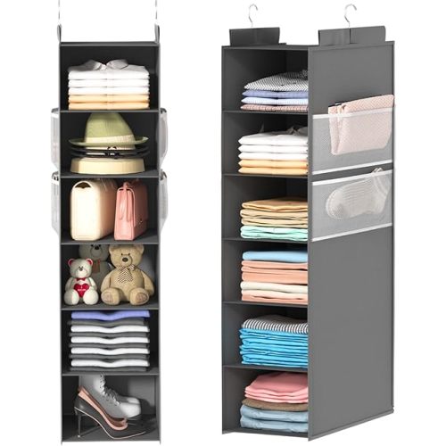 Extra Deep Hanging Closet Organizer with 6 Shelves and Oversized Mesh Pockets, Heavy-Duty Structure, No Deformation, Max Storage for Clothes, Shoes, Hats, Dorms and RVs, Grey,1-Pack