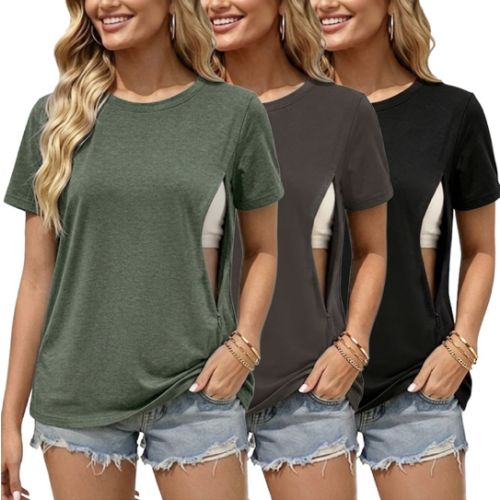 Ecavus Women's 3-Pack Nursing Shirts for Breastfeeding with Hidden Zippers Loose Fit Maternity Tops