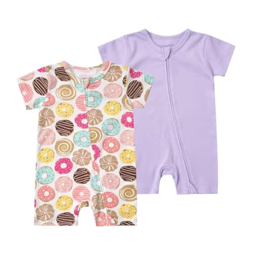 Teach Leanbh Unisex Baby 2 Pack Pajamas Cotton Short Sleeve 2 Way Zipper Printing Soild Romper Jumpsuit Sleep and Play