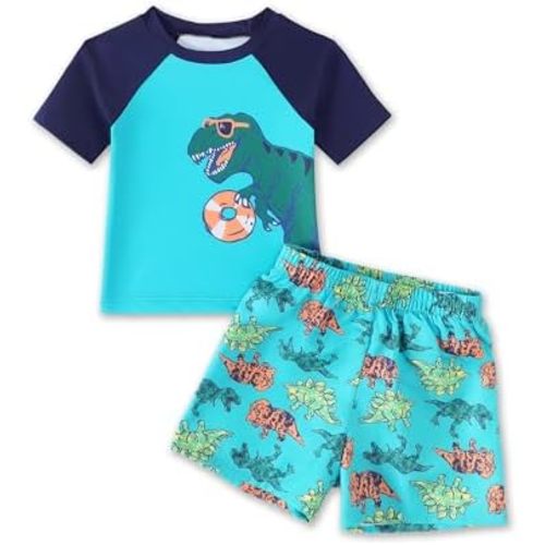NZRVAWS Toddler Baby Boy Swimsuit 2 Piece Rash Guard Set Short Sleeve Shirt Boys Swim Trunks Kids Bathing Suit Swimwear