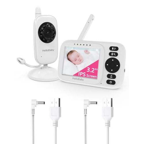 HelloBaby Baby Monitor No WiFi 3.2" Screen, USB Cable Video Baby Monitors | 8 Lullabies, 8 Languages, 2-Way Talk, Night Vision, Manual Baby Camera, ECO, 1000ft Range, Temperature Display, HB2438plus
