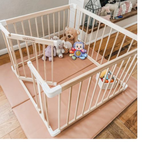 HARPPA Wooden Baby Gate Playpen | Non-Toxic Foldable DIY Adjustable Play Yard for Infants & Toddlers – Natural Finish Baby Fence for Small & Large Spaces
