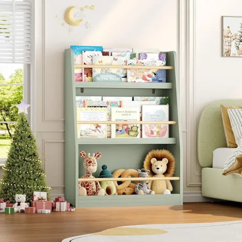 Kids Bookshelf, 3-Tier Montessori Book Shelf Organizer for Books and Toys, Toddler Bookshelf for Bedroom, Living Room, Playroom, Classroom, Nursery, School - Green