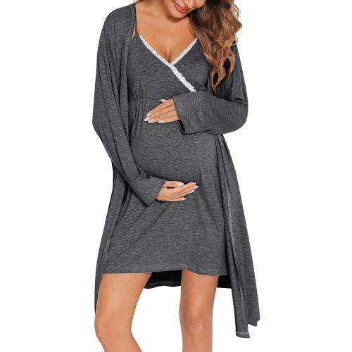 SWOMOG Womens Maternity Robe 2 Piece Nursing Nightgown for Breastfeeding 3 in 1 Labor Delivery Nursing Dress Lace Bathrobe