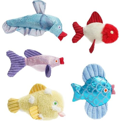Nocciola Catnip Toys, 5 Pack Cat Toys for Indoor Cats with 100% Natural Catnip, Cotton-Free Kitten Toys in Assorted Colors, Soft Surface, Teething, Chewing & Kicker Floppy Fish Cat Toys