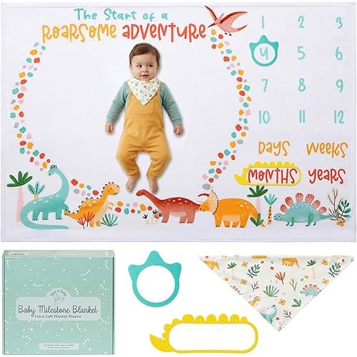 Bliss n' Baby Monthly Milestone Blanket for Baby Boys & Girls - 60"x40" - Wrinkle Free Newborn Age Month Blanket with Growth Chart - Washable & Dryable - w/Frames & Bib - Dinosaur Theme Baby Gift Set
