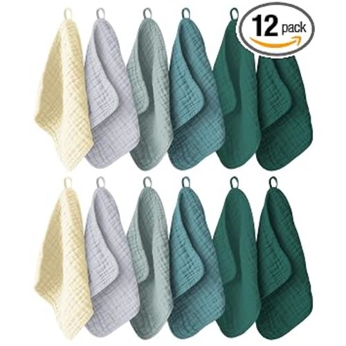 Ease Cubs 12 Pack Muslin Washcloths for Baby - 100% Cotton Baby Wash Cloths for or Baby Face Body Comfy and Soft for Newborn Infants Kids Girls and Boys - 12"x12" - Ivory, Slate and Emerald Series