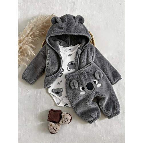 SHEIN Playful Pals 3pcs Baby Boy Jacket Pants Romper Set Cute Grey 3D Ears Koala Fuzzy Plush Long Sleeve Hooded Thick Outdoor Winter Fall Christmas Holiday Animal Print | SHEIN USA