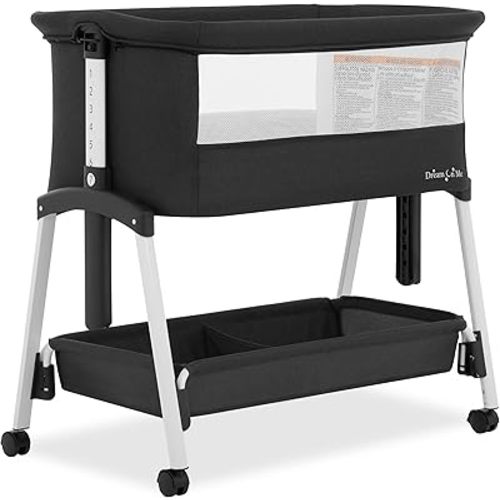 Dream On Me Calypso Portable Bassinet with Wheels, Adjustable Height Bedside Sleeper, Foldable Baby Bassinet with Breathable Mesh Sides, Foam Mattress, Easy Mobility & Travel-Friendly Design - Black