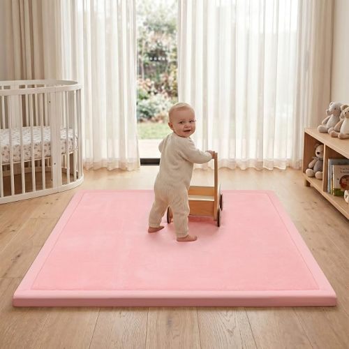 ACOMOPACK 1.3" Thick Baby Play Mat for Floor,50x50 Elasti-Foam Playpen Mat for Kids,Infants,Toddlers, Ultra Soft Crawling Mat with Non-Slip Bottom,Tummy Time,Nursery Rug,Yoga,Tatami（Pink）