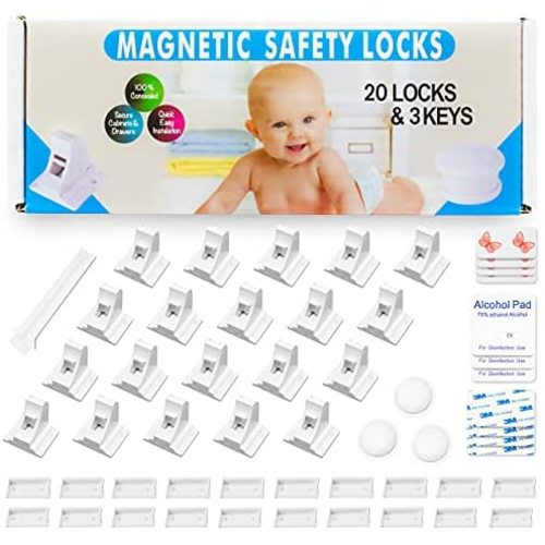 Eco-Baby Cabinet Locks for Babies - 20-Pack Magnetic Baby Proof Safety Latches﻿, 3 Keys - Magnetic Baby Proof Lock for Cabinets, Doors, Drawers - Easy to Install Child Proofing