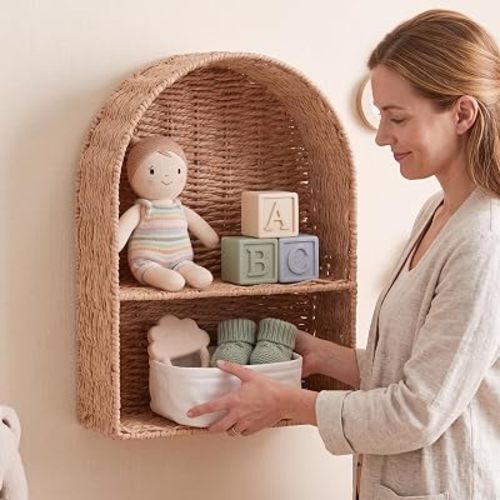 Rattan Wall Shelf for Boho Nursery Decor, 15.7" x 11.8" 2 Tier Arched Wicker Hanging Basket, Natural Floating Organizer for Books, Toys, Stuffed Animals, Baby Room Bedroom(Natural Brown)