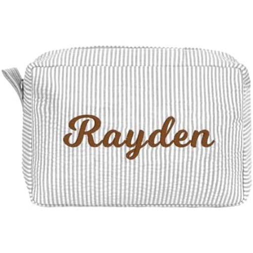 MT WORLD Personalized Makeup Bag Cute Cotton Cosmetic Bag for Women Seersucker Bridesmaid Travel Makeup Bag for Girls Aesthetic Toiletry Bag Organizer Storage Pouch (Grey)