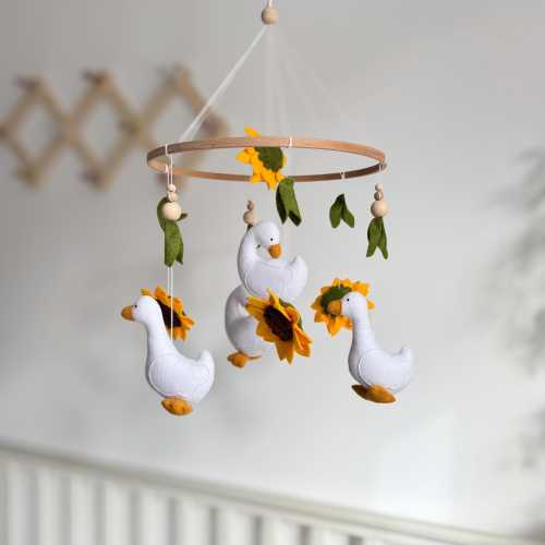Handmade Goose Baby Mobile: Felt Sunflowers, Boho Nursery Decor